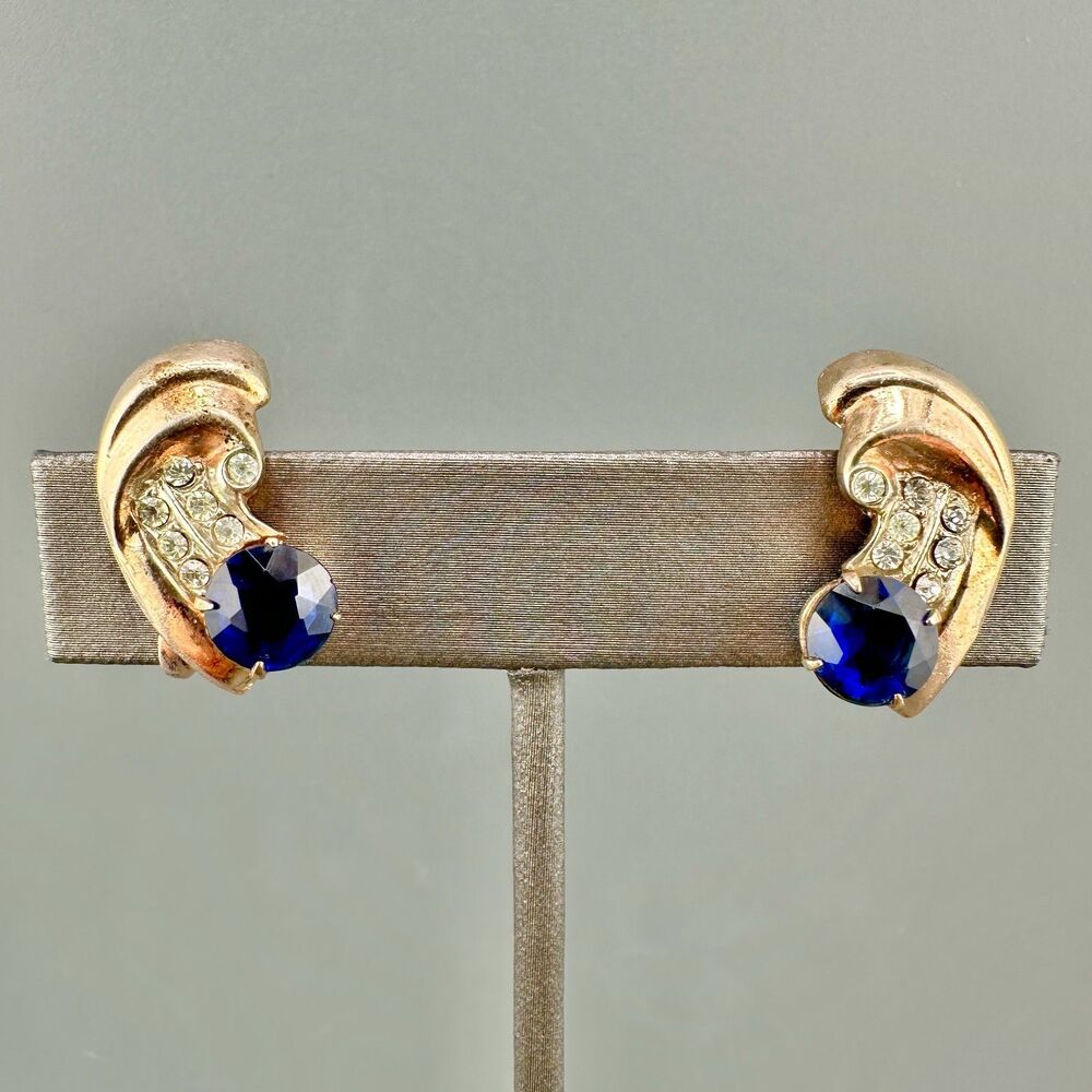 Vintage Sterling Rhinestone Earrings Blue Faux Sapphire Screw Back Mid Century